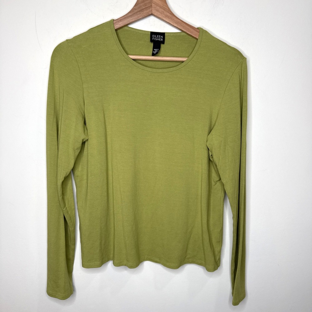 Eileen‎ Fisher Shirt Top M Green Viscose Stretch Long Sleeve Lagenlook Casual T